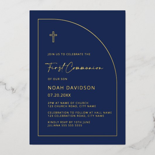 Invitations de communion Marine Blue & Real Gold (Recto)