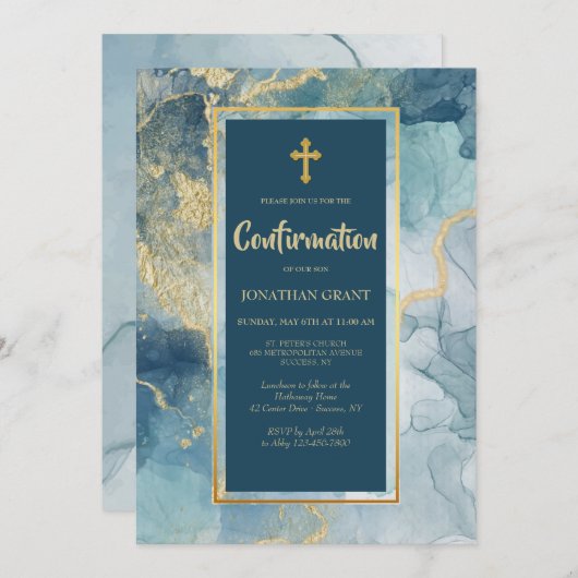 Invitations de confirmation bleue et or (Devant / Derrière)