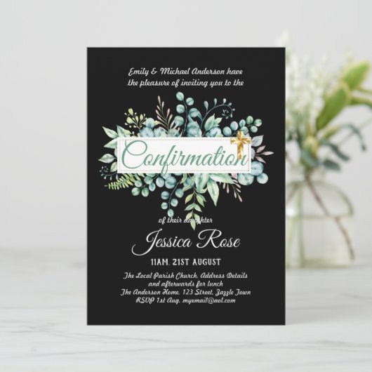 Invitations de confirmation Eucalyptus Greenery Bu (Debout devant)