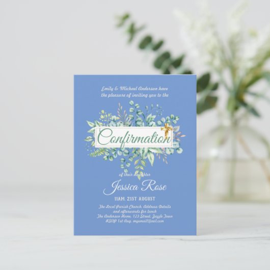 Invitations de confirmation Eucalyptus Greenery Bu (Debout devant)
