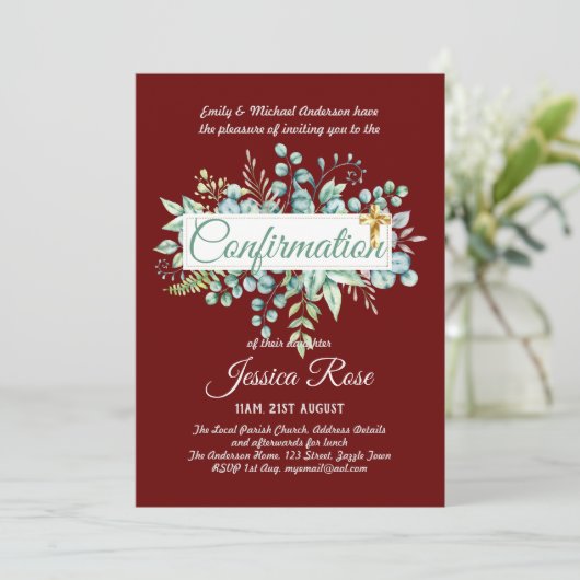 Invitations de confirmation Eucalyptus Greenery Bu (Debout devant)