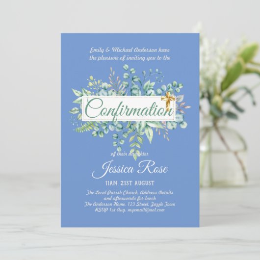 Invitations de confirmation Eucalyptus Greenery Bu (Debout devant)
