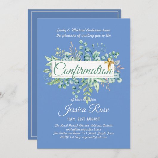 Invitations de confirmation Eucalyptus Greenery Bu (Devant / Derrière)