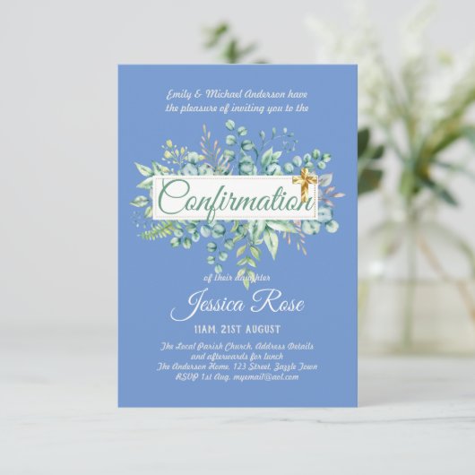 Invitations de confirmation Eucalyptus Greenery Bu (Debout devant)