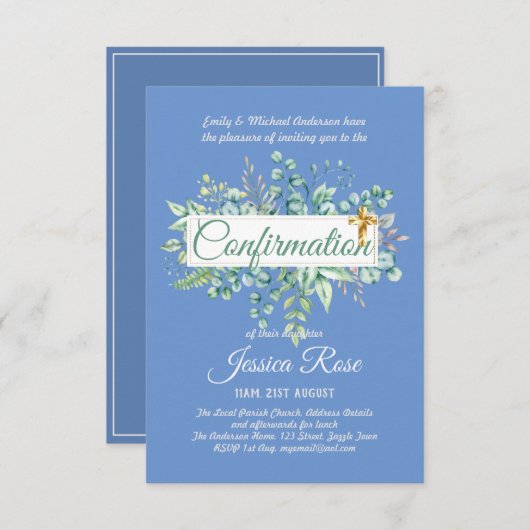 Invitations de confirmation Eucalyptus Greenery Bu (Devant / Derrière)