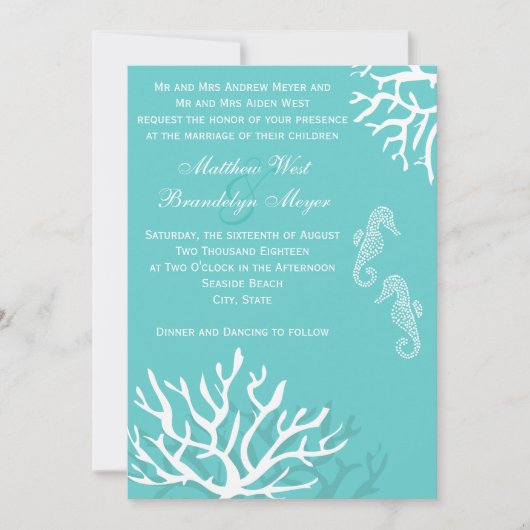 Invitations de corail de mariage d'hippocampe de (Devant)
