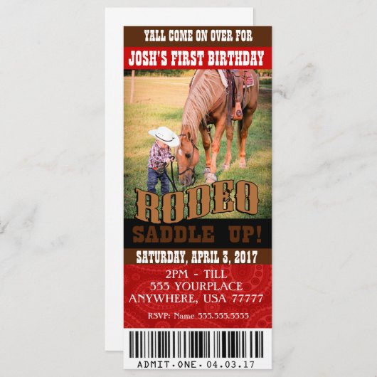 Invitations de Cowboy Rodeo, enveloppes incluses (Devant / Derrière)