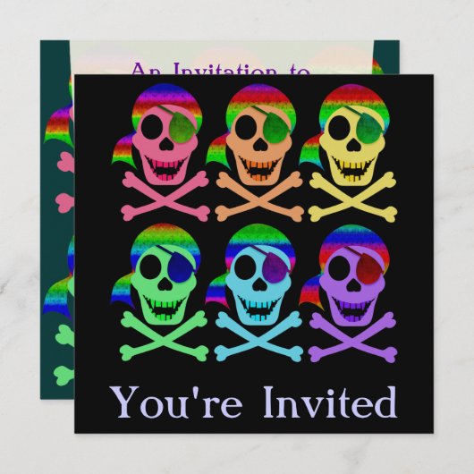 Invitations de crânes de pirates arc-en-ciel (Devant / Derrière)