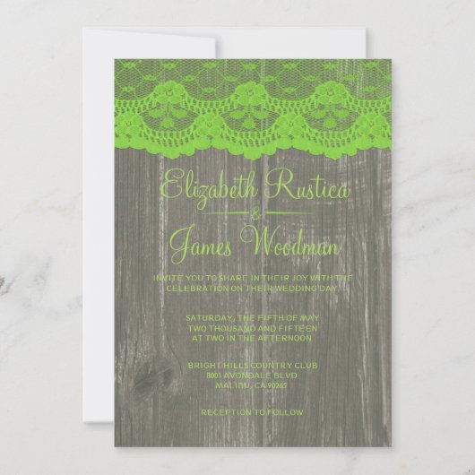 Invitations de dentelle et de mariage en bois vert (Devant)