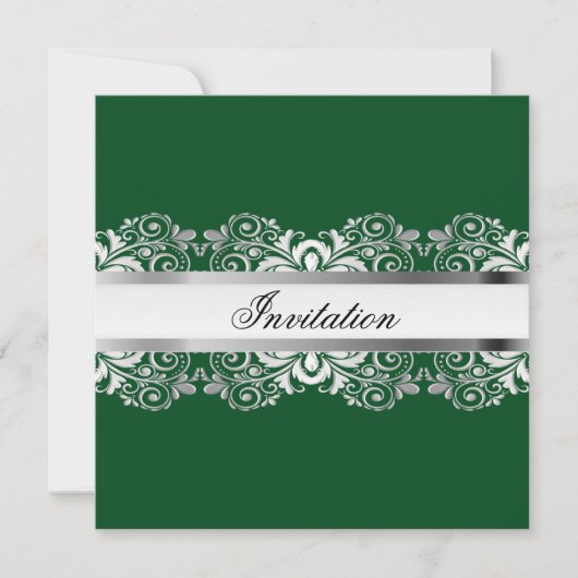 Invitations de Dentelles Vert foncé et Argent (Devant)