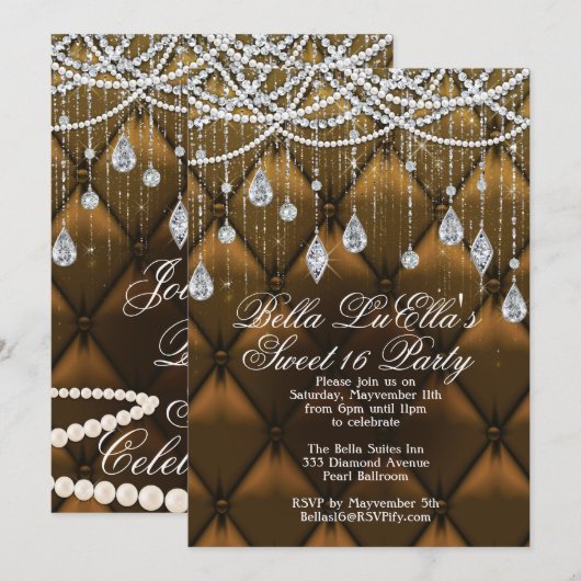 Invitations de Diamond, Pearls et Bling Party (Devant / Derrière)