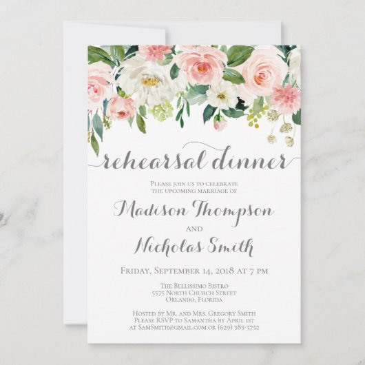 Invitations de dîner de répétition de fleur rose (Devant)