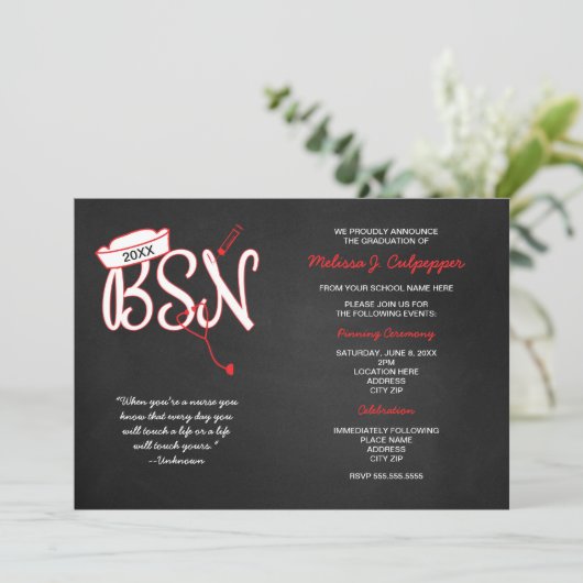 Invitations de diplômes BSN avec devis d'infirmièr (Debout devant)