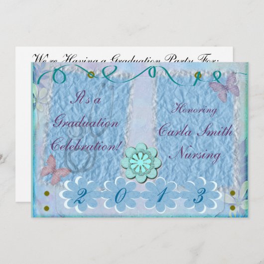 Invitations de diplômes d'infirmière Bleu féminin (Devant / Derrière)