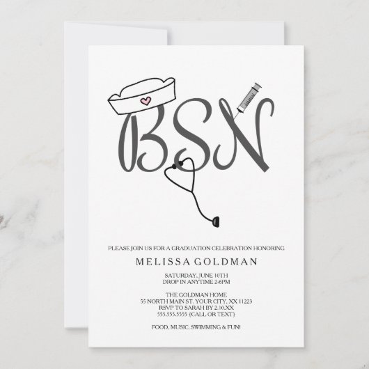 Invitations de diplômes d'infirmière BSN RN simple (Devant)