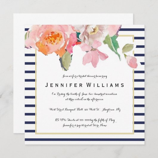 Invitations de douche à nuptiale à rayures florale (Devant / Derrière)