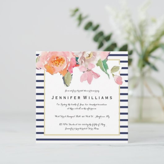 Invitations de douche à nuptiale à rayures florale (Debout devant)