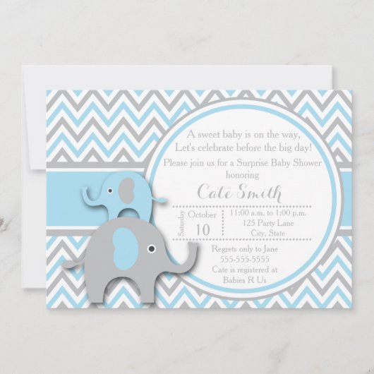 Invitations de douche bébé éléphant, bleu et gris (Devant)