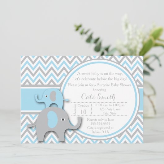 Invitations de douche bébé éléphant, bleu et gris (Debout devant)