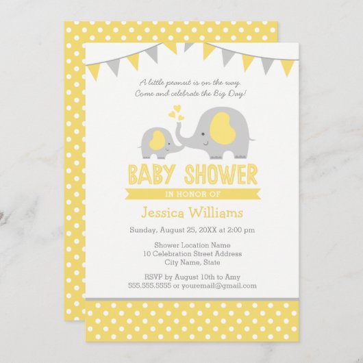 Invitations de douche bébé éléphant | Jaune et gri (Devant / Derrière)