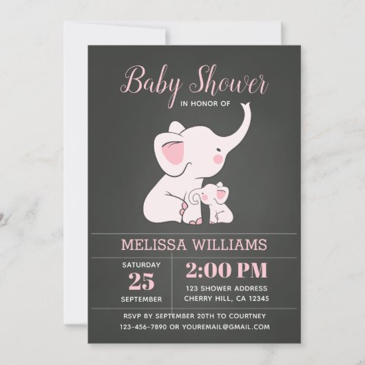 Invitations de douche bébé éléphant pour fille (Devant)