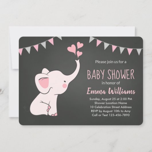 Invitations de douche bébé éléphant pour fille | R (Devant)