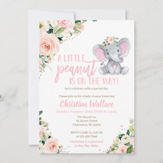 Invitations de douche bébé éléphant pour les fille (Devant)