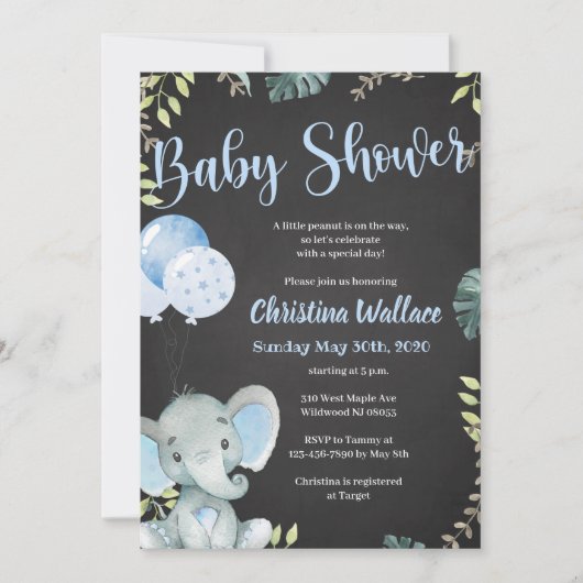 Invitations de douche bébé éléphant pour les garço (Devant)