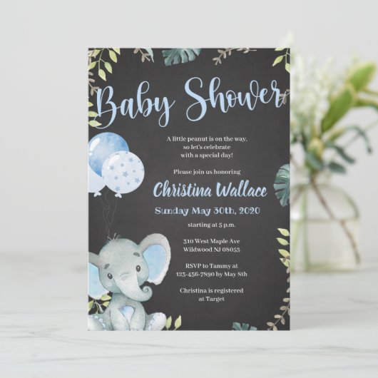 Invitations de douche bébé éléphant pour les garço (Debout devant)