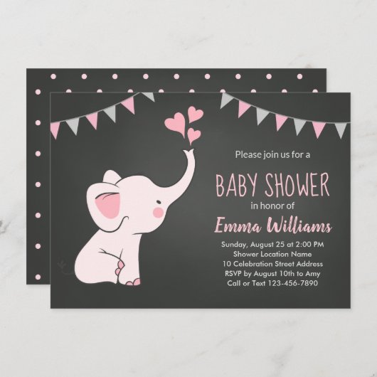 Invitations de douche bébé éléphant pour une fille (Devant / Derrière)