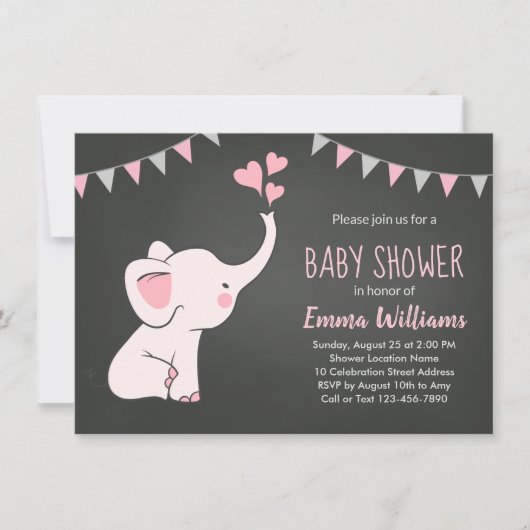 Invitations de douche bébé éléphant pour une fille (Devant)