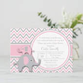 Invitations de douche bébé éléphant, rose et gris (Debout devant)