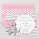 Invitations de douche bébé éléphant, rose et gris (Devant / Derrière)