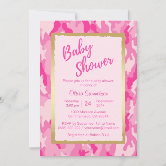 Invitations de douche bébé PINK CAMO tendance pers (Devant)