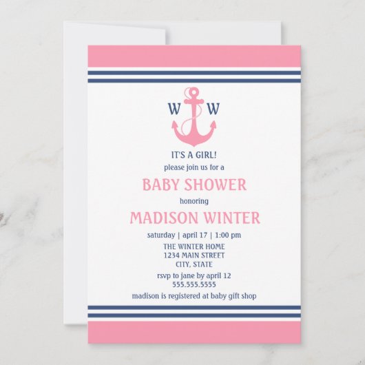 Invitations de douche de bébé rose nautique (Devant)