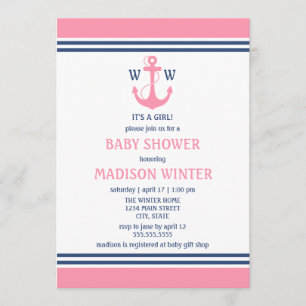 Invitations de douche de bébé rose nautique