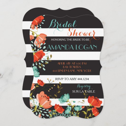 Invitations de douche nuptiale à rayures florales (Devant / Derrière)