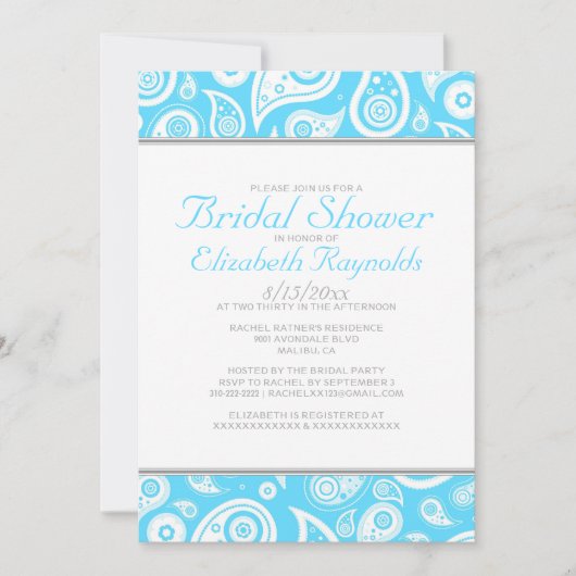 Invitations de douche nuptiale Aqua Paisley (Devant)