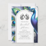 Invitations de douche nuptiale Aquarelle Peacock<br><div class="desc">Ces invitations à la douche nuptiale présentent le monogramme de la mariée encadré d'une crête et de plumes de paon dans les tons verts, bleus et violets. Les mots "Fête des mariées" sont définis dans un élégant script de calligraphie. La carte revient à une conception de plume gratuite. Un thème...</div>