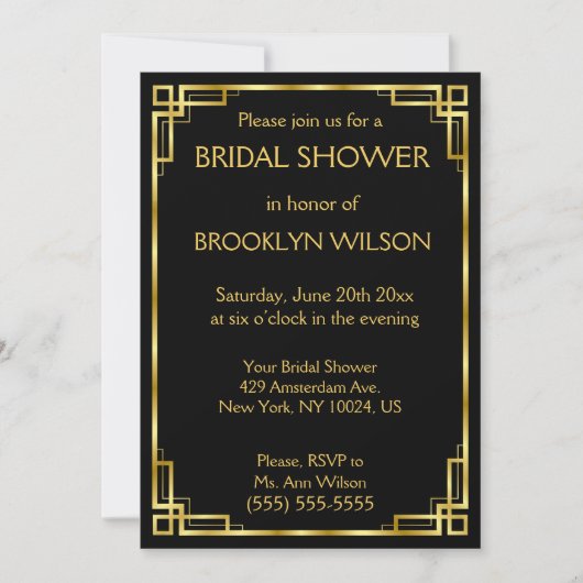 Invitations de douche nuptiale Art Déco Noir Et Or (Devant)