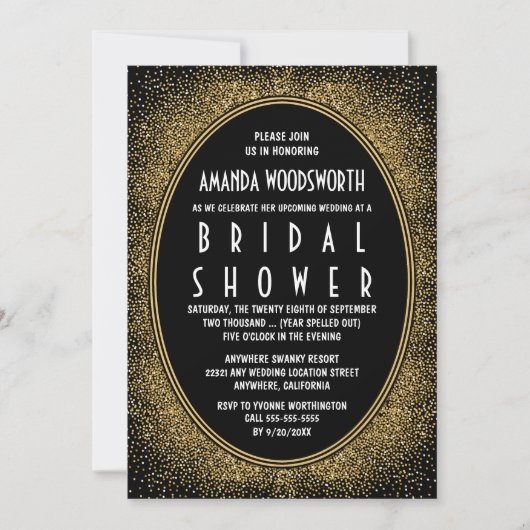 Invitations de douche nuptiale Art déco noir et or (Devant)