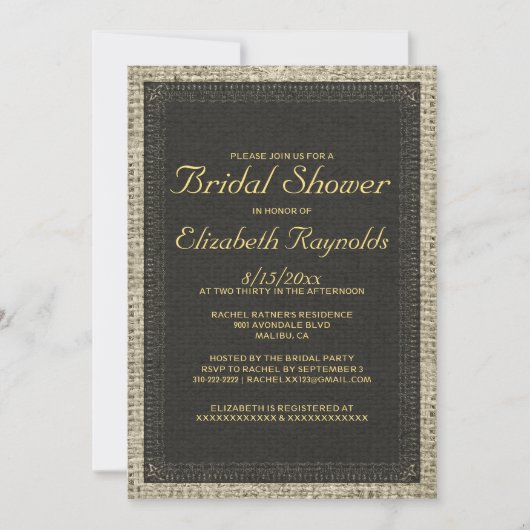 Invitations de douche nuptiale Black & Gold Burlap (Devant)