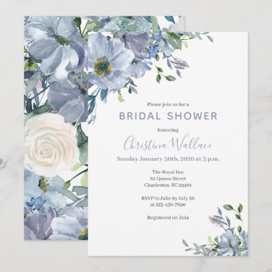 Invitations de douche nuptiale bleu Dusty (Devant / Derrière)