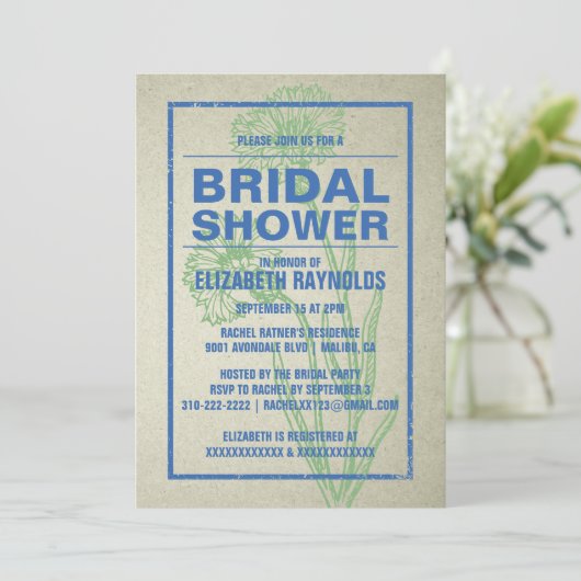 Invitations de douche nuptiale bleu et vert rustiq (Debout devant)