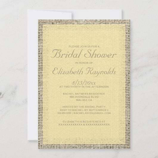 Invitations de douche nuptiale Burlap Gold (Devant)