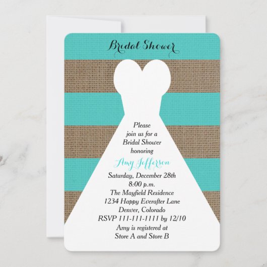 Invitations de douche nuptiale Burlap - Turquoise (Devant)