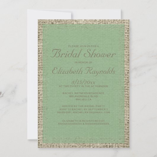 Invitations de douche nuptiale Burlap vert (Devant)