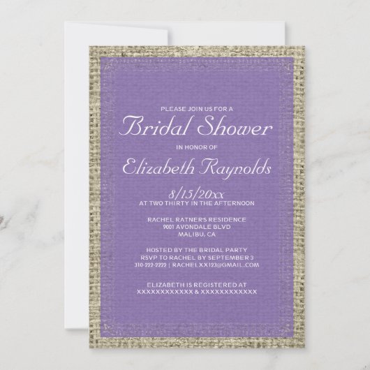 Invitations de douche nuptiale Burlap violet (Devant)
