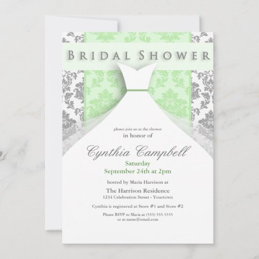 Invitations de douche nuptiale Damas vert/argent (Devant)