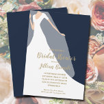 Invitations de douche nuptiale de la Marine Robe e<br><div class="desc">Une mariée en robe et un voile sur un arrière - plan bleu marine avec des lettres d'or (non métalliques) est parfait pour les invitations mariages à la douche nuptiale. Cliquez sur PERSONNALISER pour entrer vos informations et, en bas, cliquez sur Customiser un autre lien pour modifier les polices, les...</div>